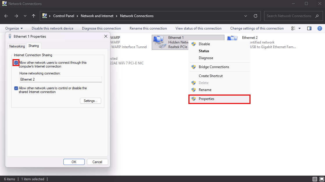 Network sharing settings on PC