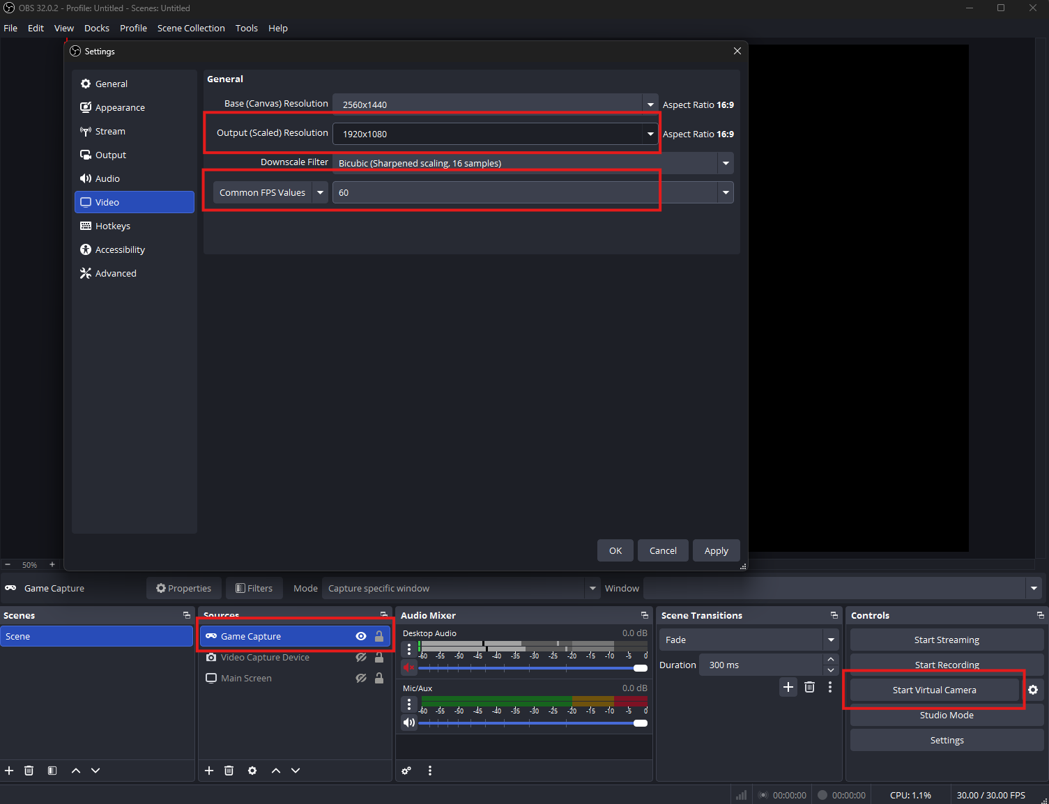OBS Virtual Cam setup