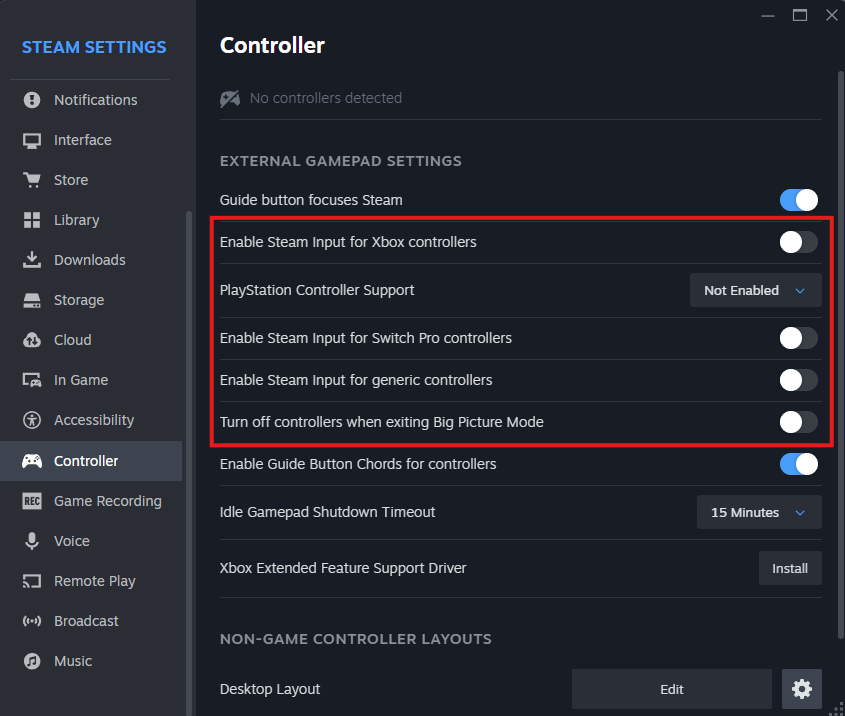 Steam controller support settings